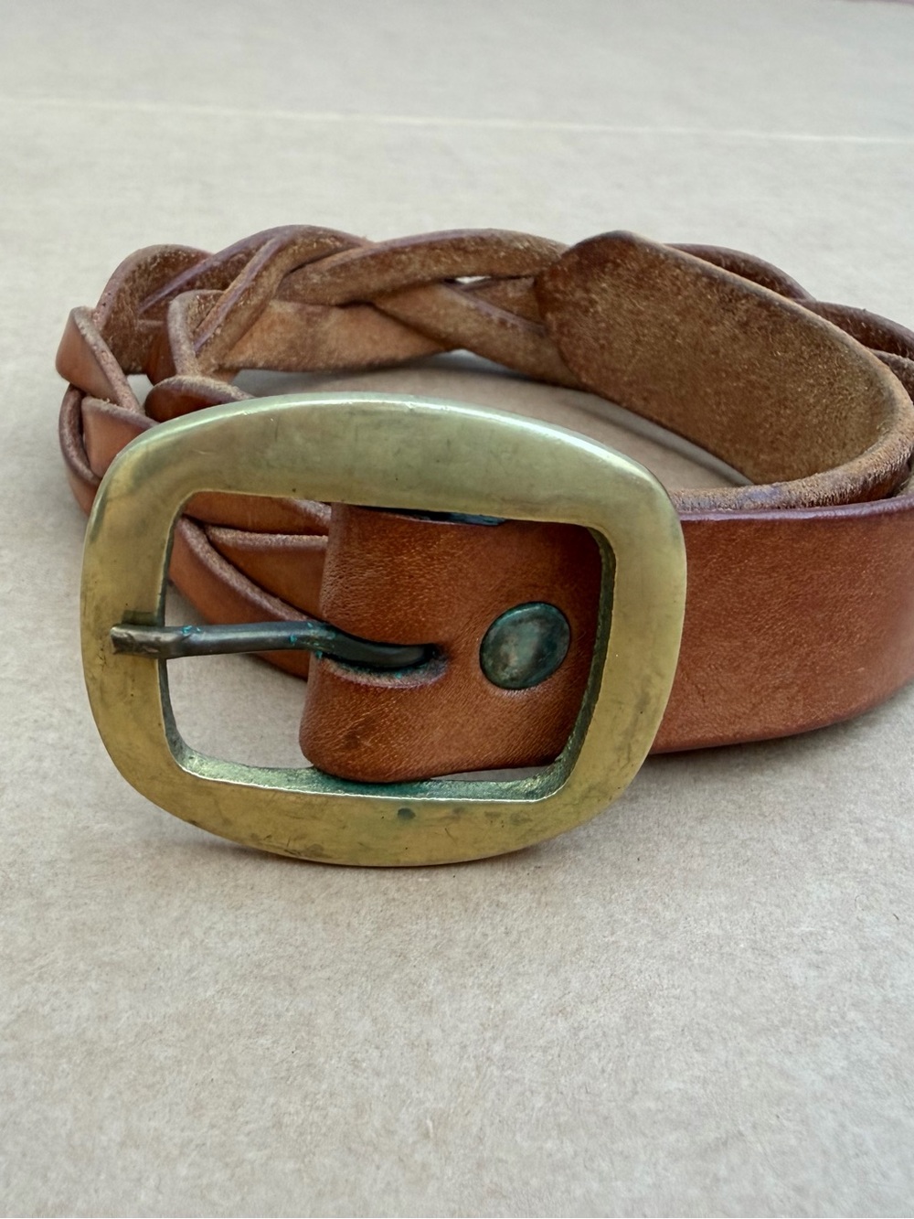 Vintage 1970s Brown Genuine Leather Braided Belt Brass Tone Buckle 34.5”